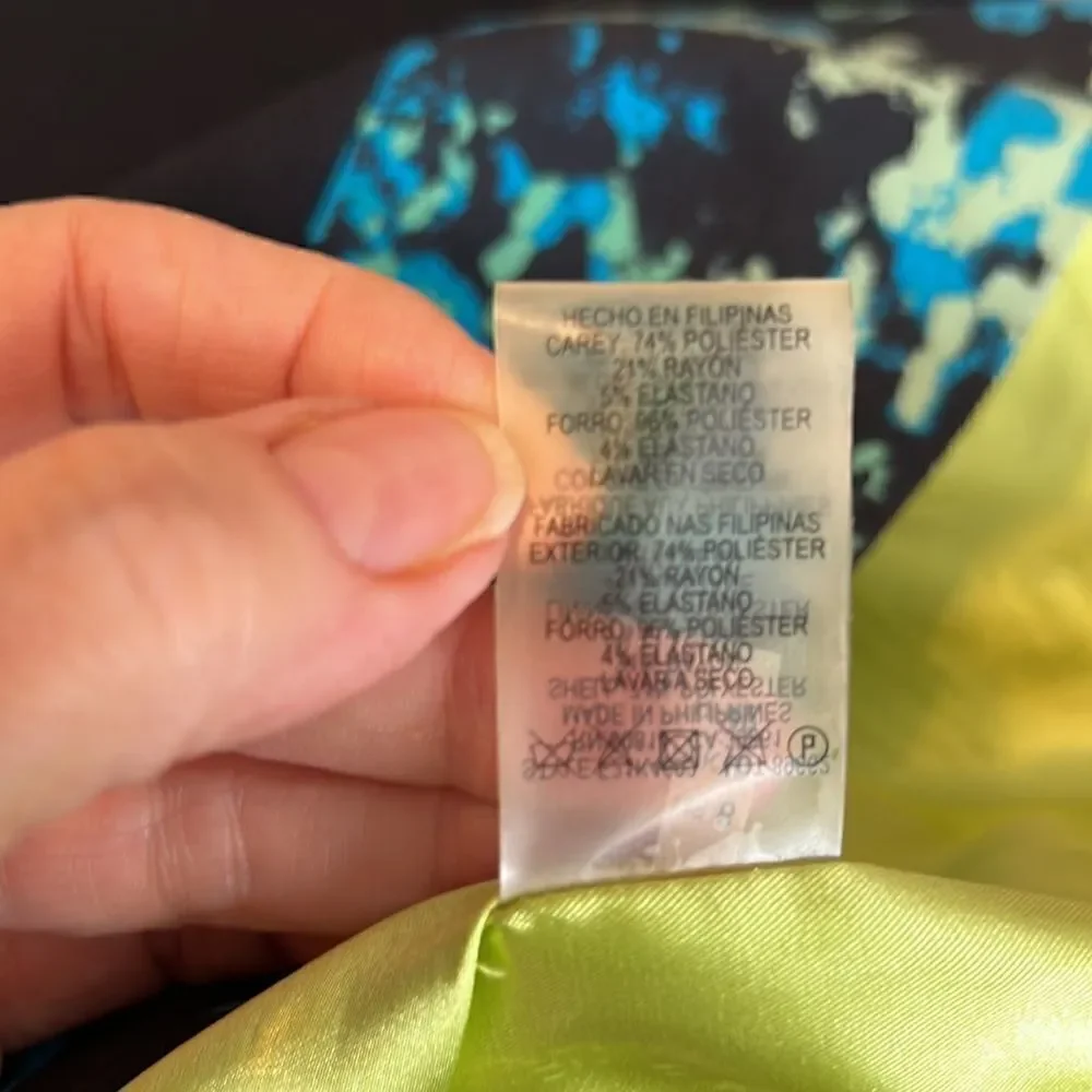 T Tahari navy blue sheath w/print band green & blue zipper & green lining - Picture 15 of 15